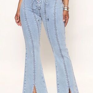 NWT Fashion Nova Light Blue Lace-Up Flare Jeans, Size XL